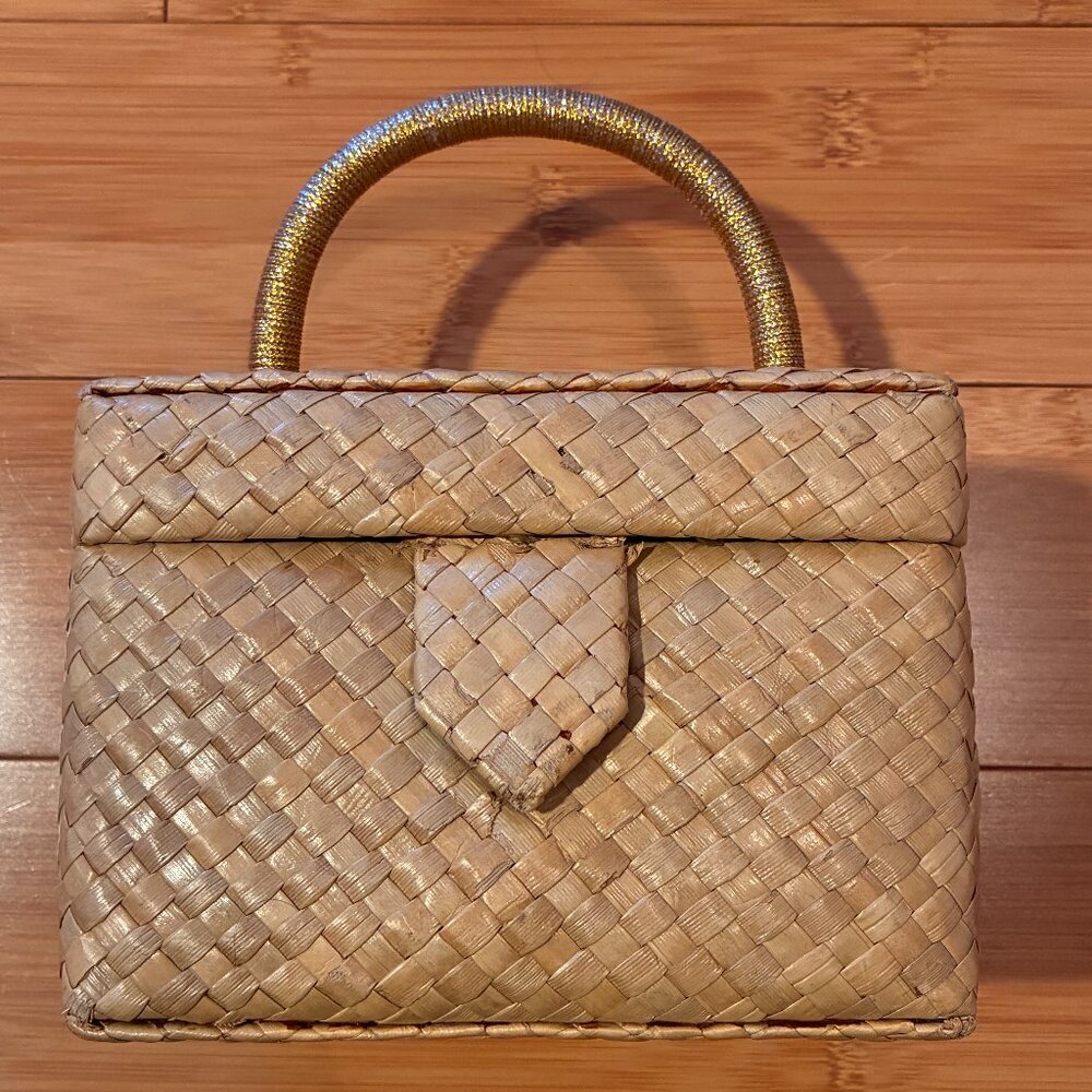 Vintage Picnic Basket Style Purse Pinup Retro Rockabilly Festival Rattan Woven